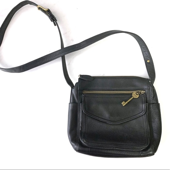 Fossil Black Leather Crossbody Bag Gold Details - Picture 2 of 11